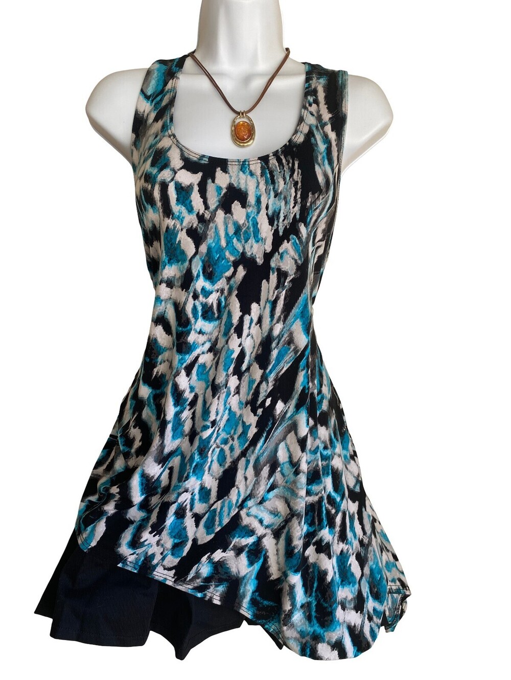 Vintage Size L Blue Black Abstract Print Sleeveless Tunic Blouse Whimsigth Boho